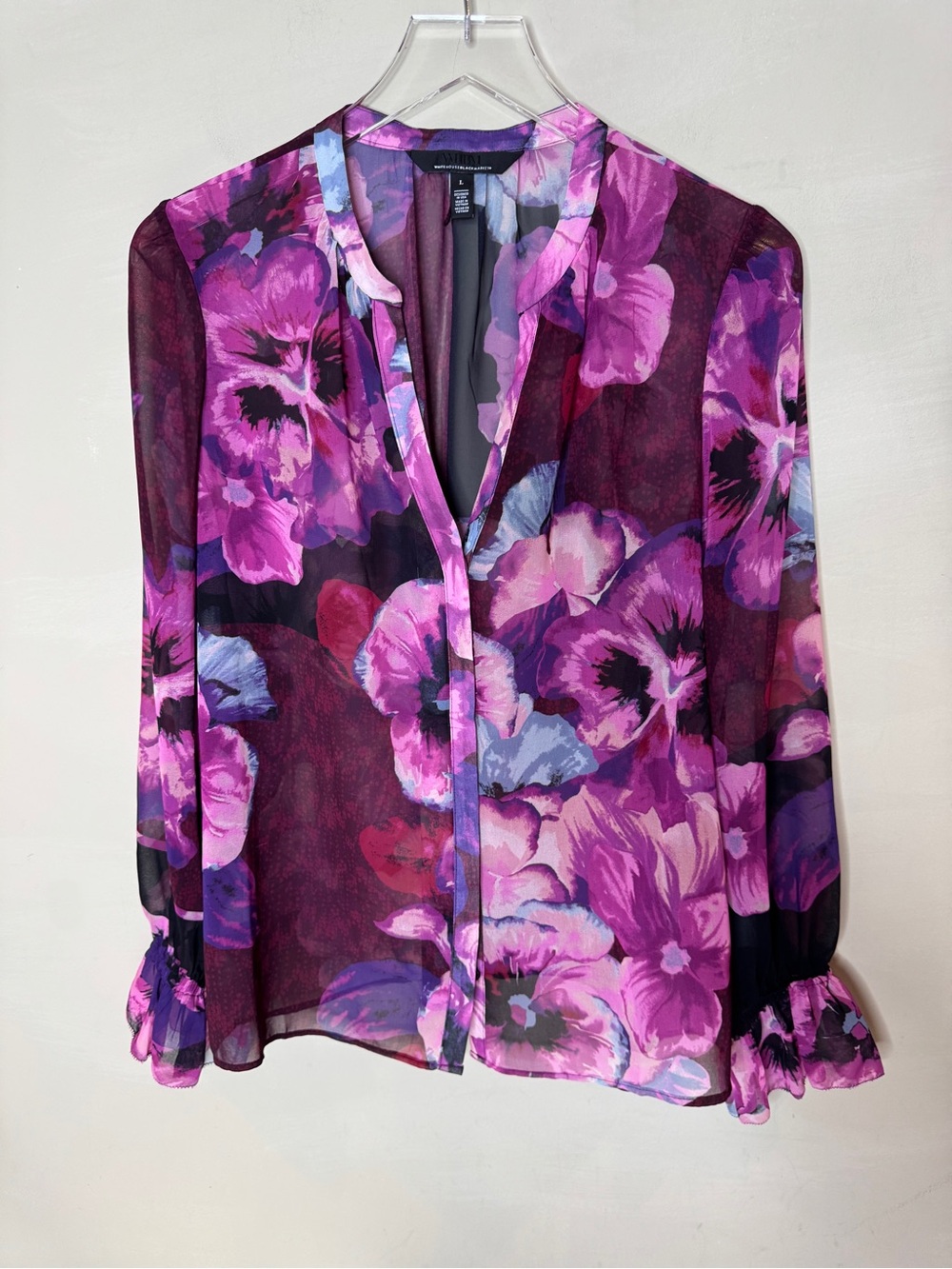 White House Black Market Floral Sheer Blouse Large Purple Pink V-Neck Ruffle Cuf - Picture 3 of 10